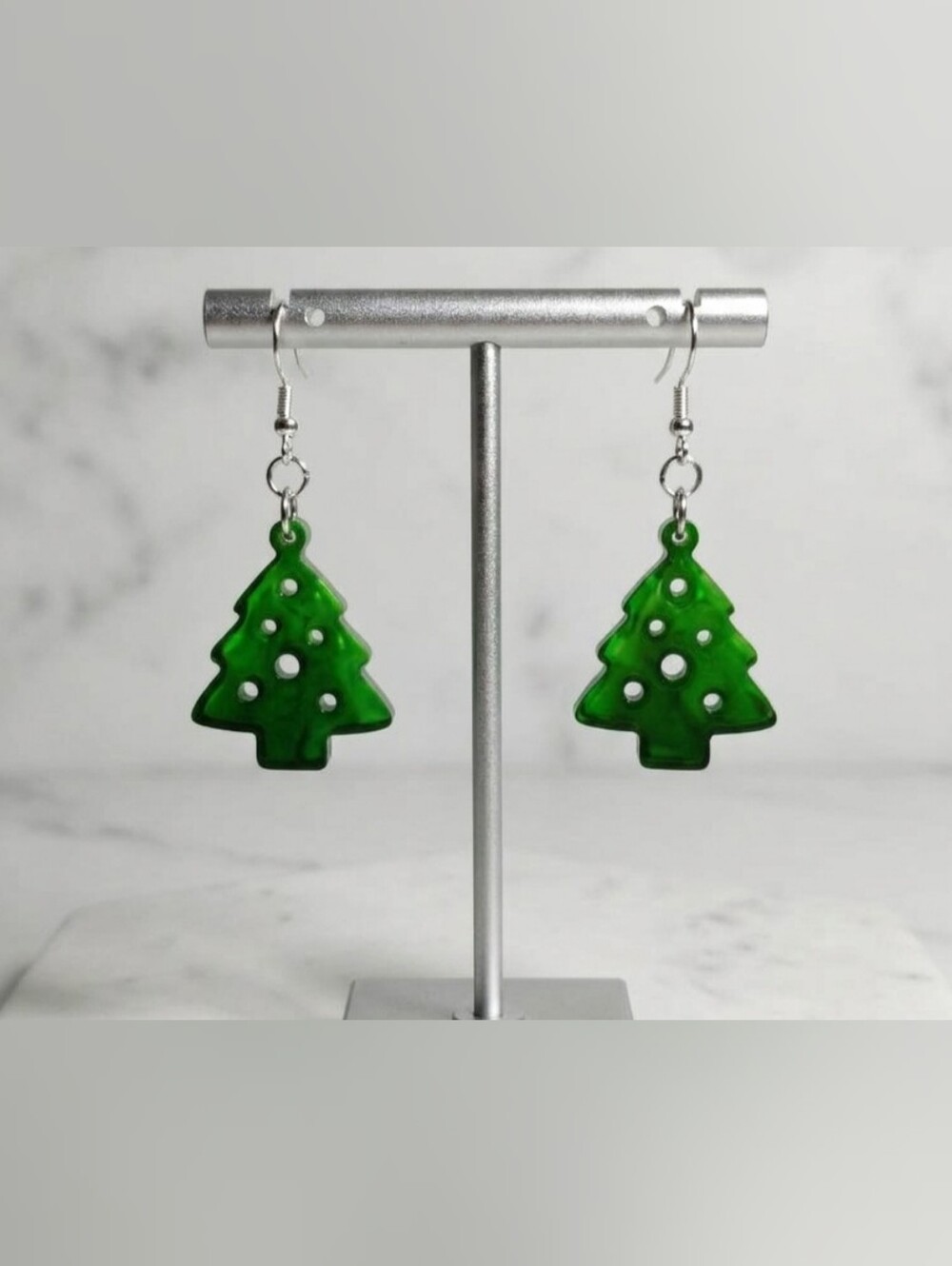 Resin Christmas Tree Earrings โข Emerald Green Holiday Dangles